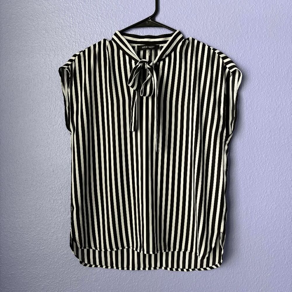Women's Nine West Blouse Striped Tie-Neck Top Sleeveless Loose Fit V Neck XS